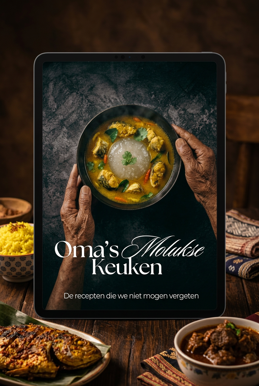 Het e-book Oma's Molukse Keuken getoond op een tablet, omringd door authentieke Molukse gerechten