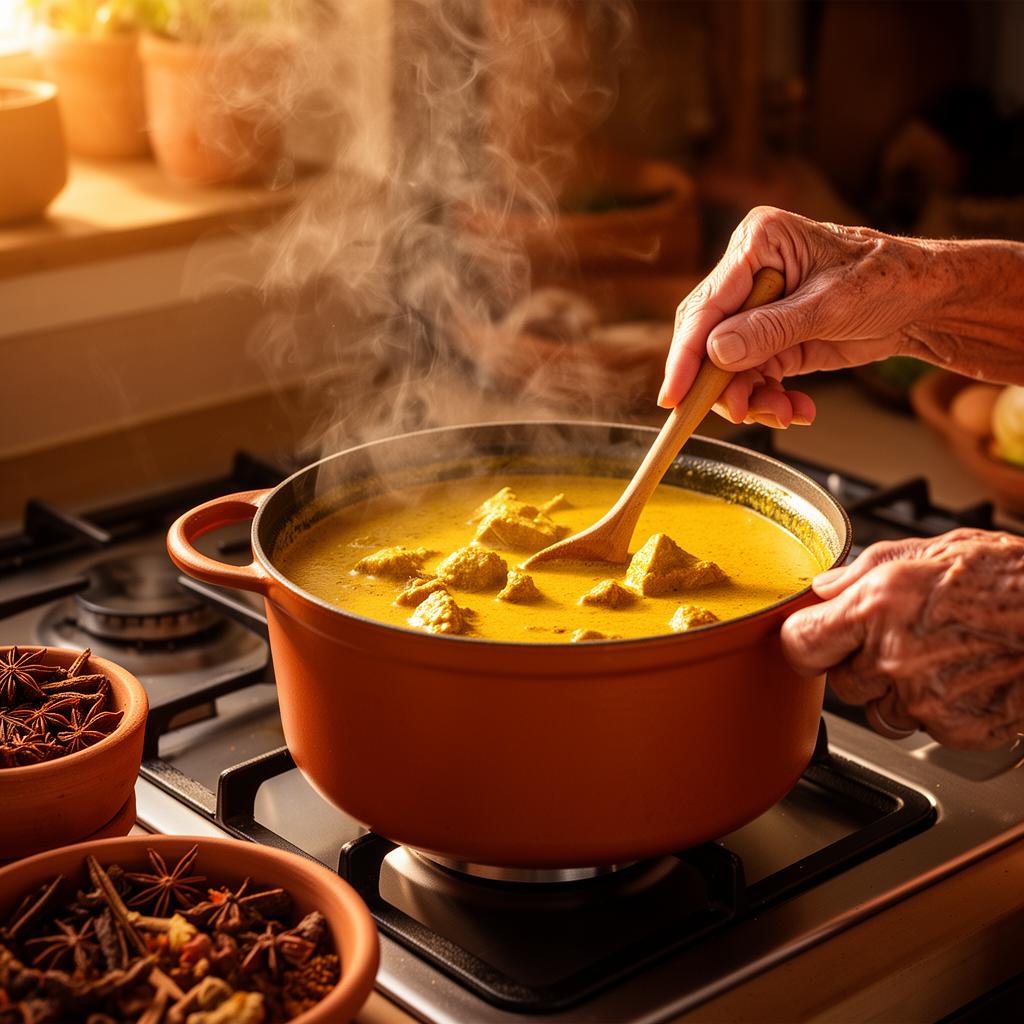 Handen die een traditionele Molukse curry roeren